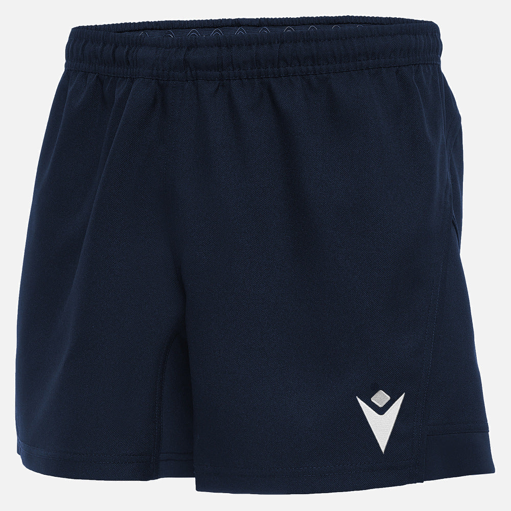Navy blue shorts with a white logo on a light gray background