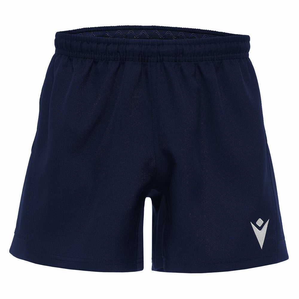 Navy blue shorts with a logo on a white background