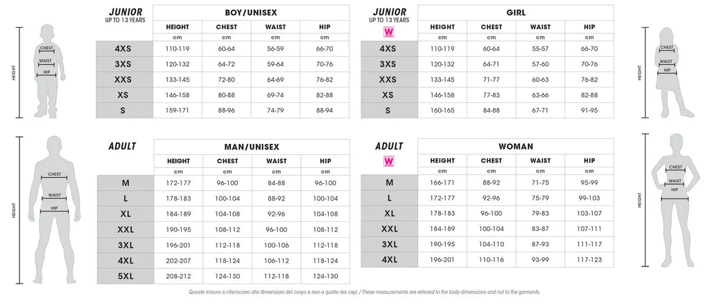 Size chart for clothing with measurements in inches for boys, girls, and adults.