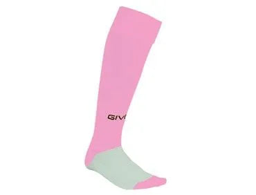 Pink knee-high sock with a light green heel and toe on a white background