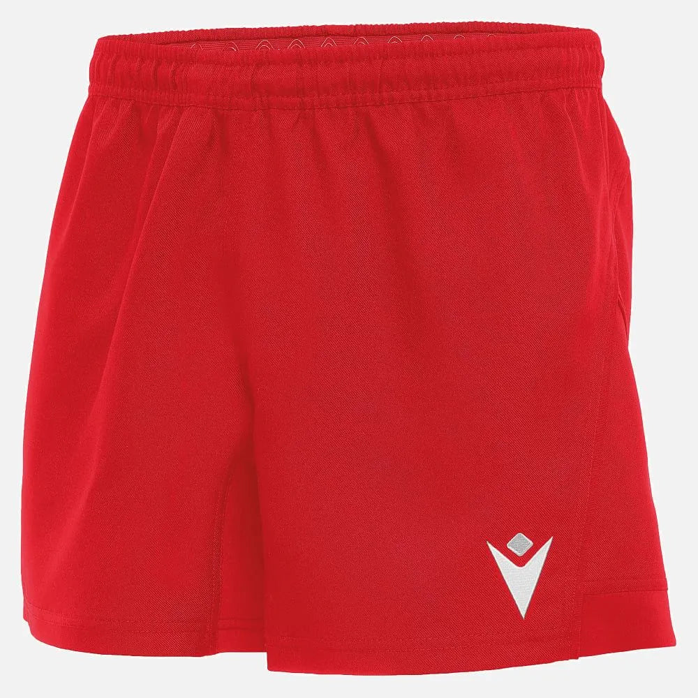 Red shorts with a white logo on a light gray background
