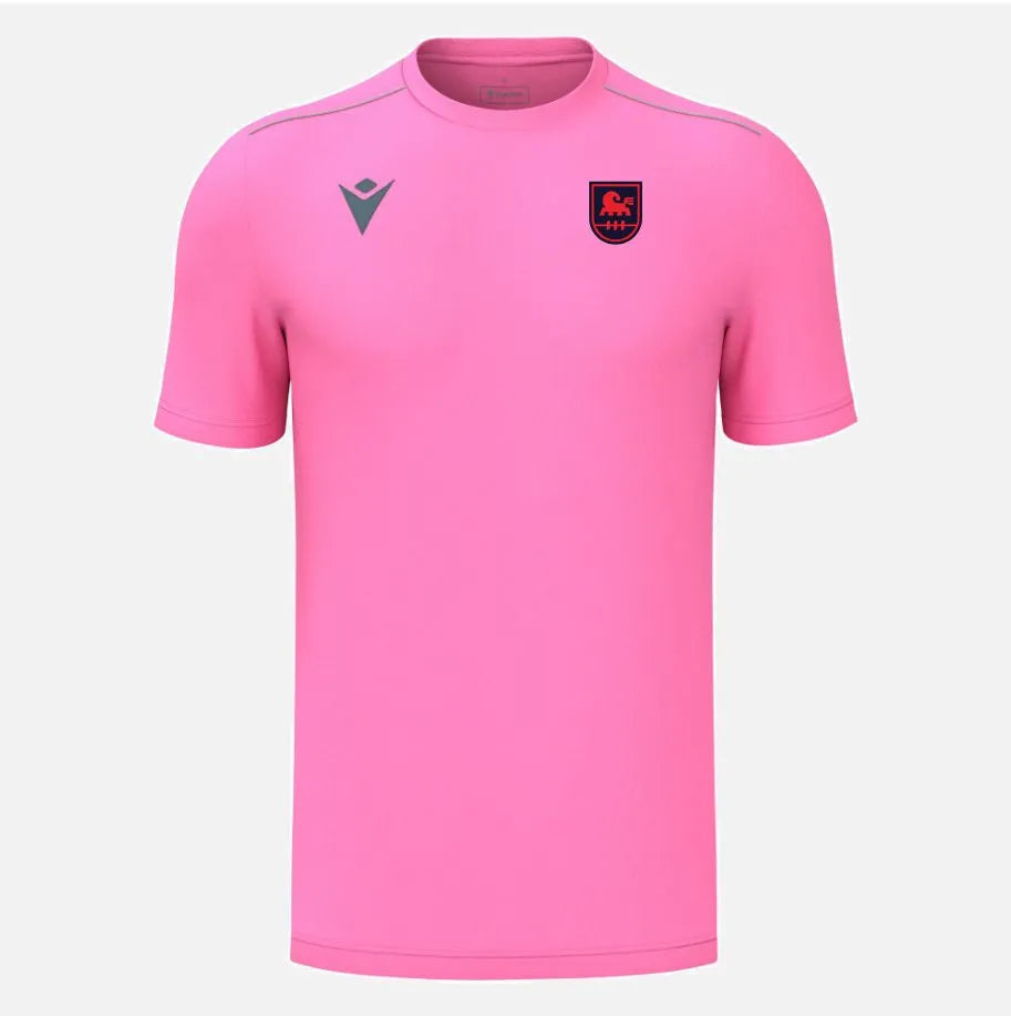 Pink t-shirt with logos on a white background