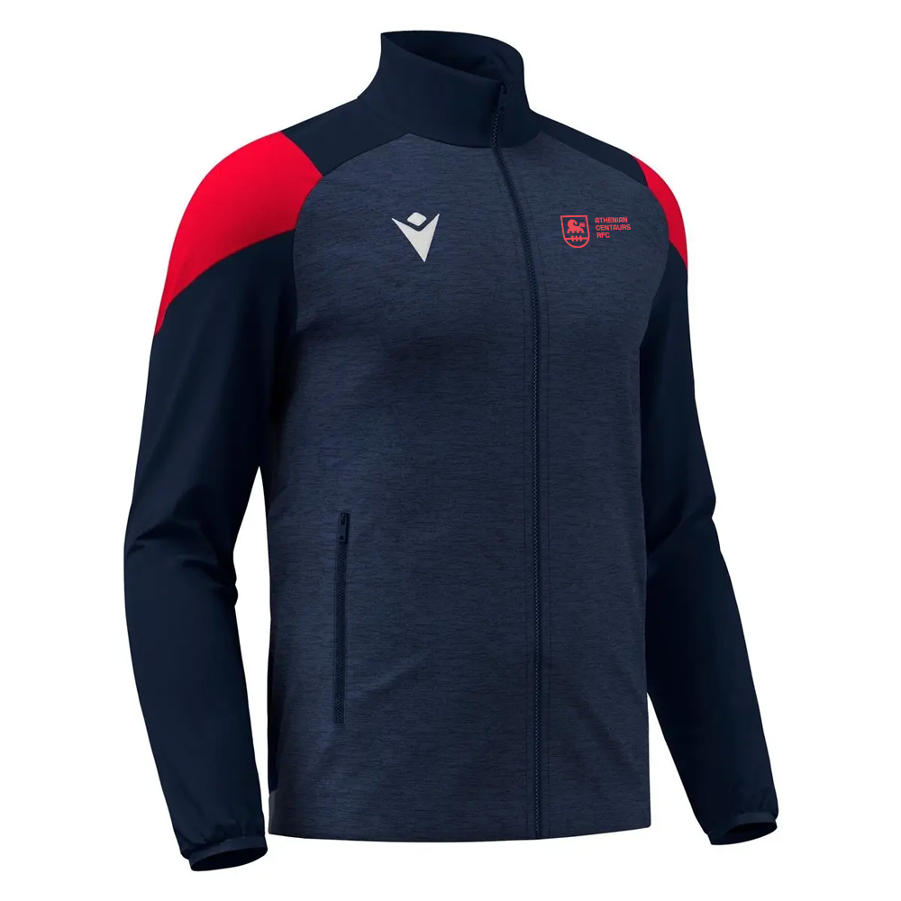 Navy and red jacket with a logo on a white background