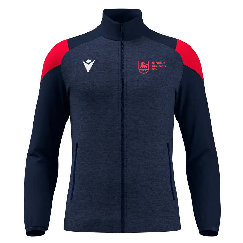 Navy jacket with red sleeves featuring a logo on a white background